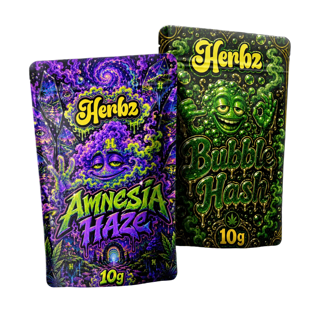 Pack Amnesia Haze et Bubble Hash 20g THCA avec têtes et hash sur fond noir