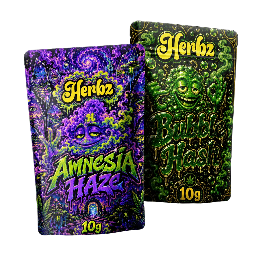 Pack Amnesia Haze et Bubble Hash 20g THCA avec têtes et hash sur fond noir
