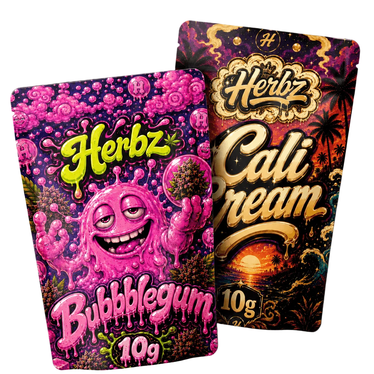 Pack Bubblegum et Cali Cream 20g THCA avec têtes et static hash sur fond noir