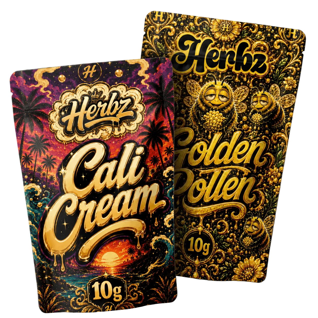 Pack Cali Cream et Golden Pollen 20g THCA avec deux variétés de hash sur fond noir