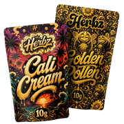Pack Cali Cream et Golden Pollen 20g THCA avec deux variétés de hash sur fond noir