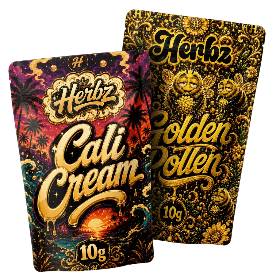 Pack Cali Cream et Golden Pollen 20g THCA avec deux variétés de hash sur fond noir