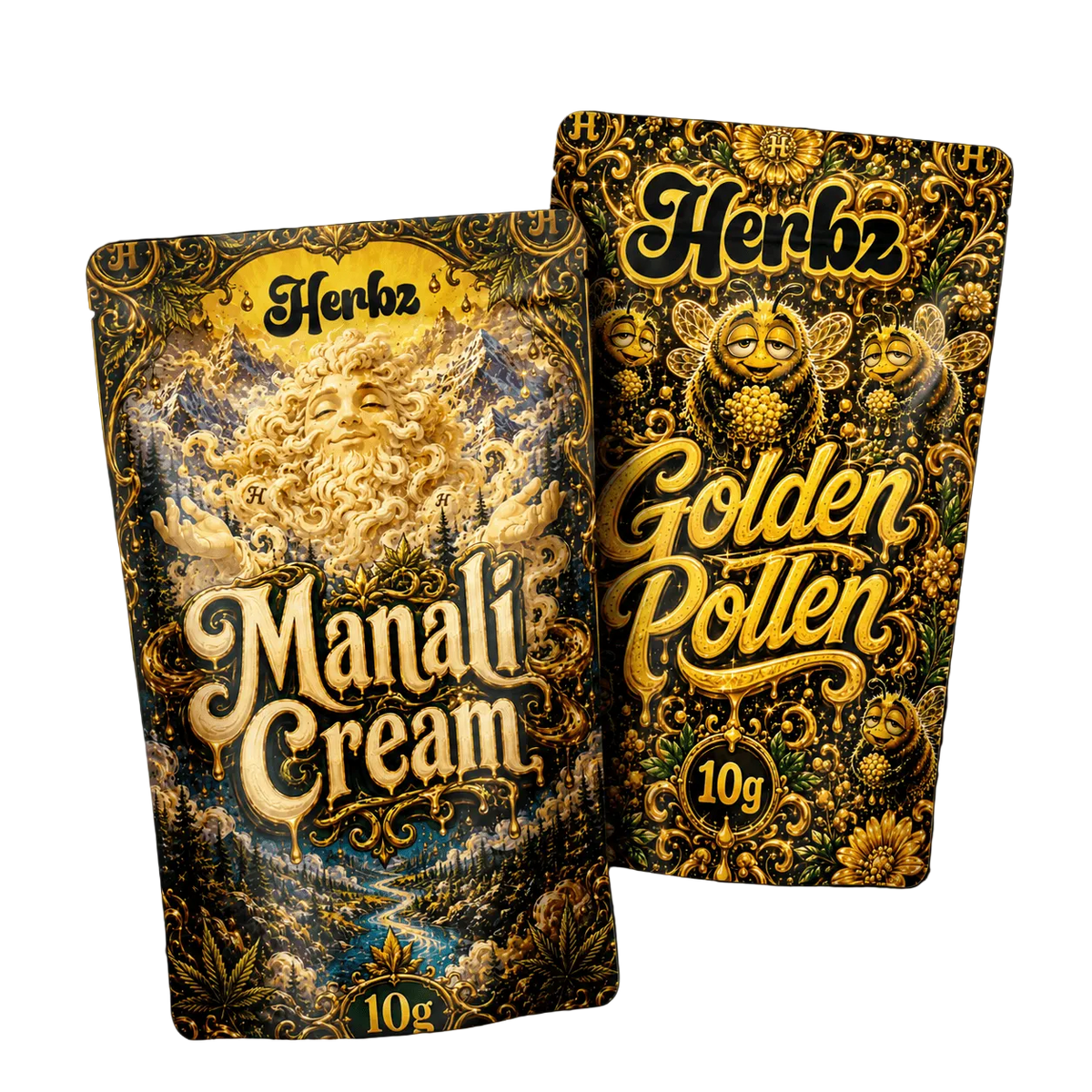 Pack Golden Pollen et Manali Cream 20g THCA avec deux variétés de hash sur fond noir