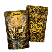 Pack Golden Pollen et Manali Cream 20g THCA avec deux variétés de hash sur fond noir