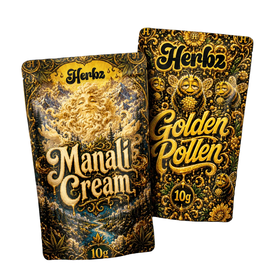 Pack Golden Pollen et Manali Cream 20g THCA avec deux variétés de hash sur fond noir
