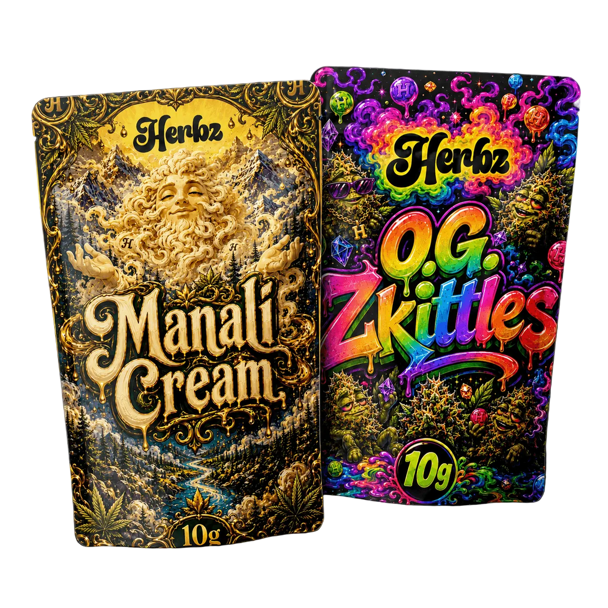 Pack Manali Cream et O.G. Zkittles 20g THCA avec static hash et têtes sur fond noir
