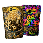 Pack Manali Cream et O.G. Zkittles 20g THCA avec static hash et têtes sur fond noir
