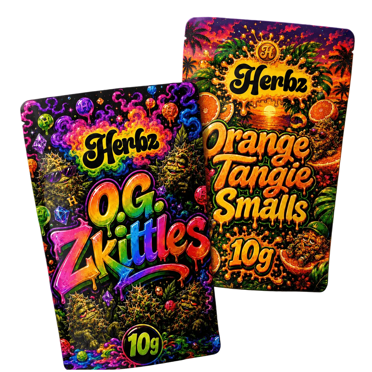 Pack O.G. Zkittles et Orange Tangie Smalls 20g THCA avec deux produits en fleurs sur fond noir
