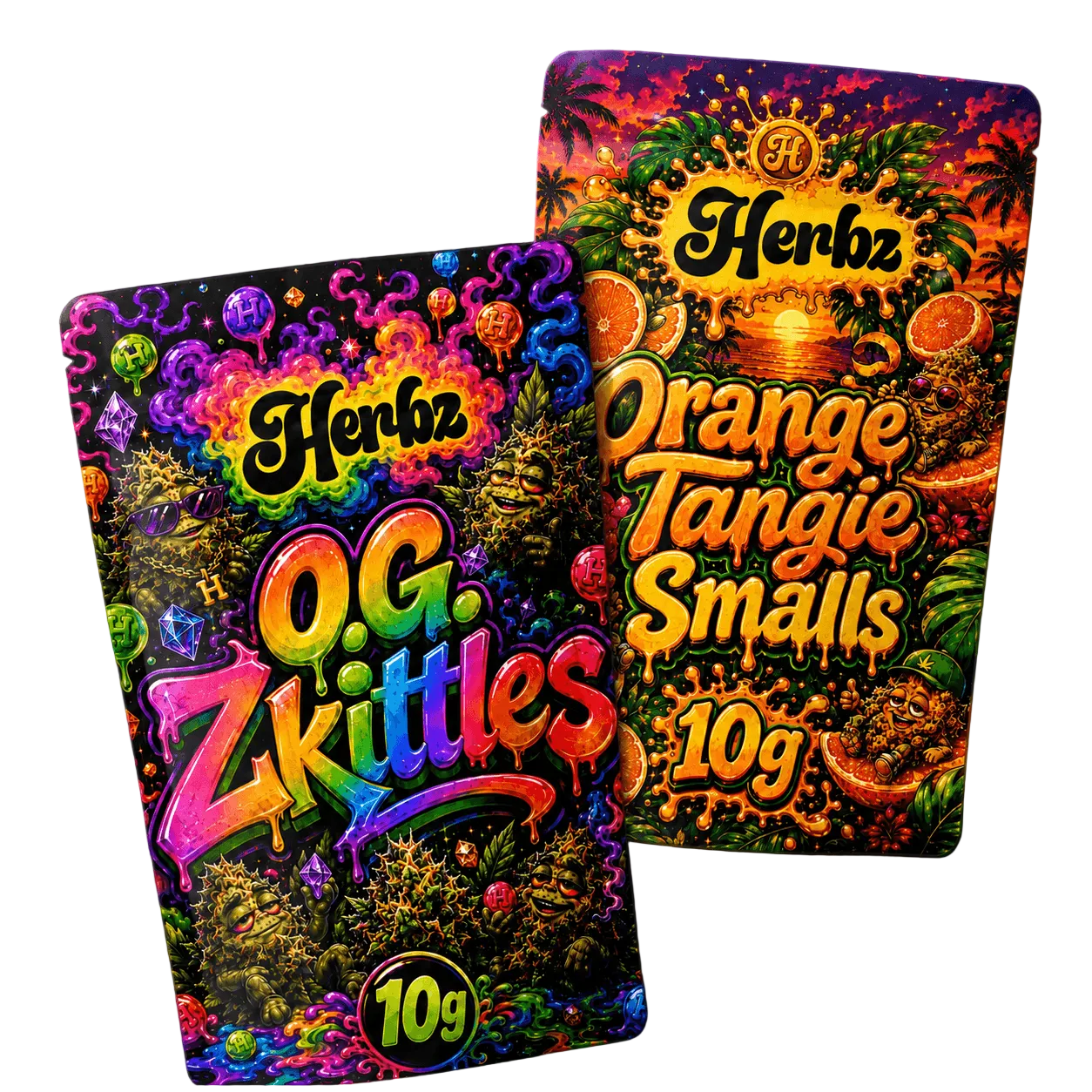 Pack O.G. Zkittles et Orange Tangie Smalls 20g THCA avec deux produits en fleurs sur fond noir