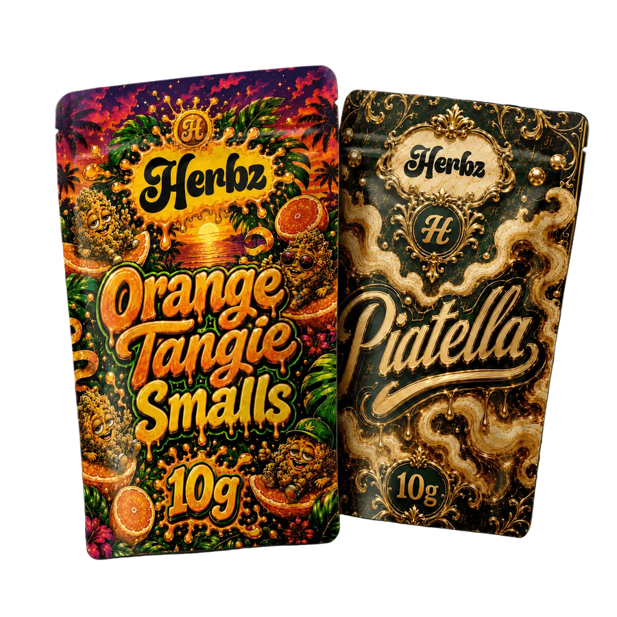 Pack Orange Tangie Smalls et Piatella 20g THCA avec popcorn buds et ice water hash sur fond noir