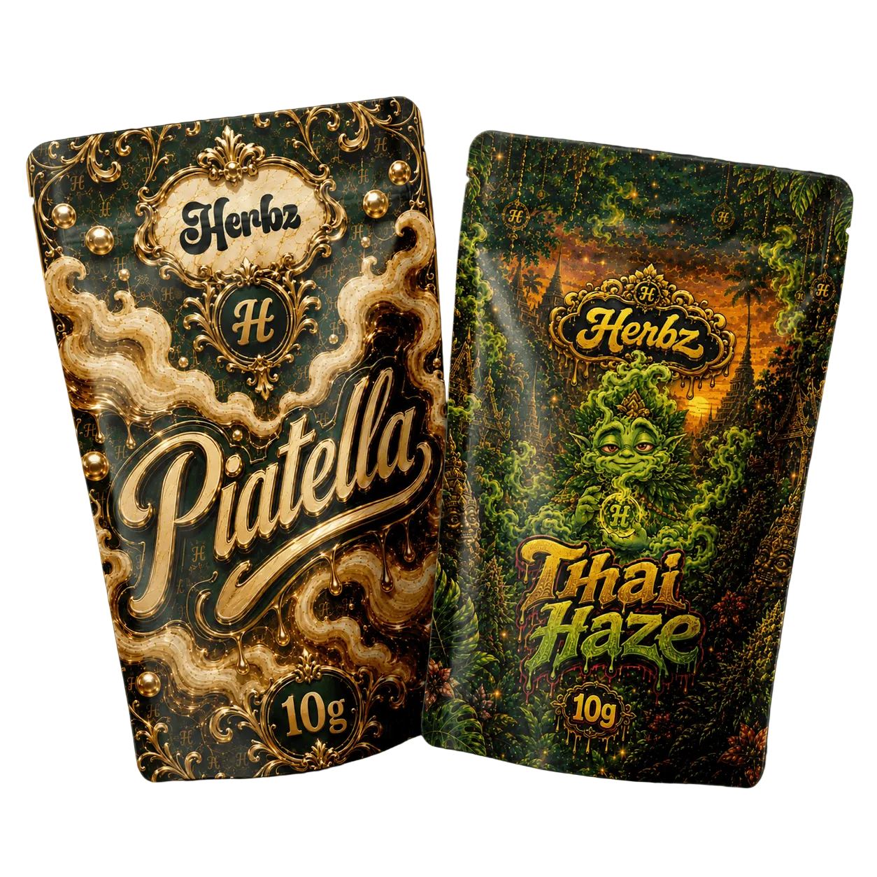 Pack Piatella et Thai Haze 20g THCA avec ice water hash et têtes sur fond noir