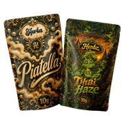 Pack Piatella et Thai Haze 20g THCA avec ice water hash et têtes sur fond noir