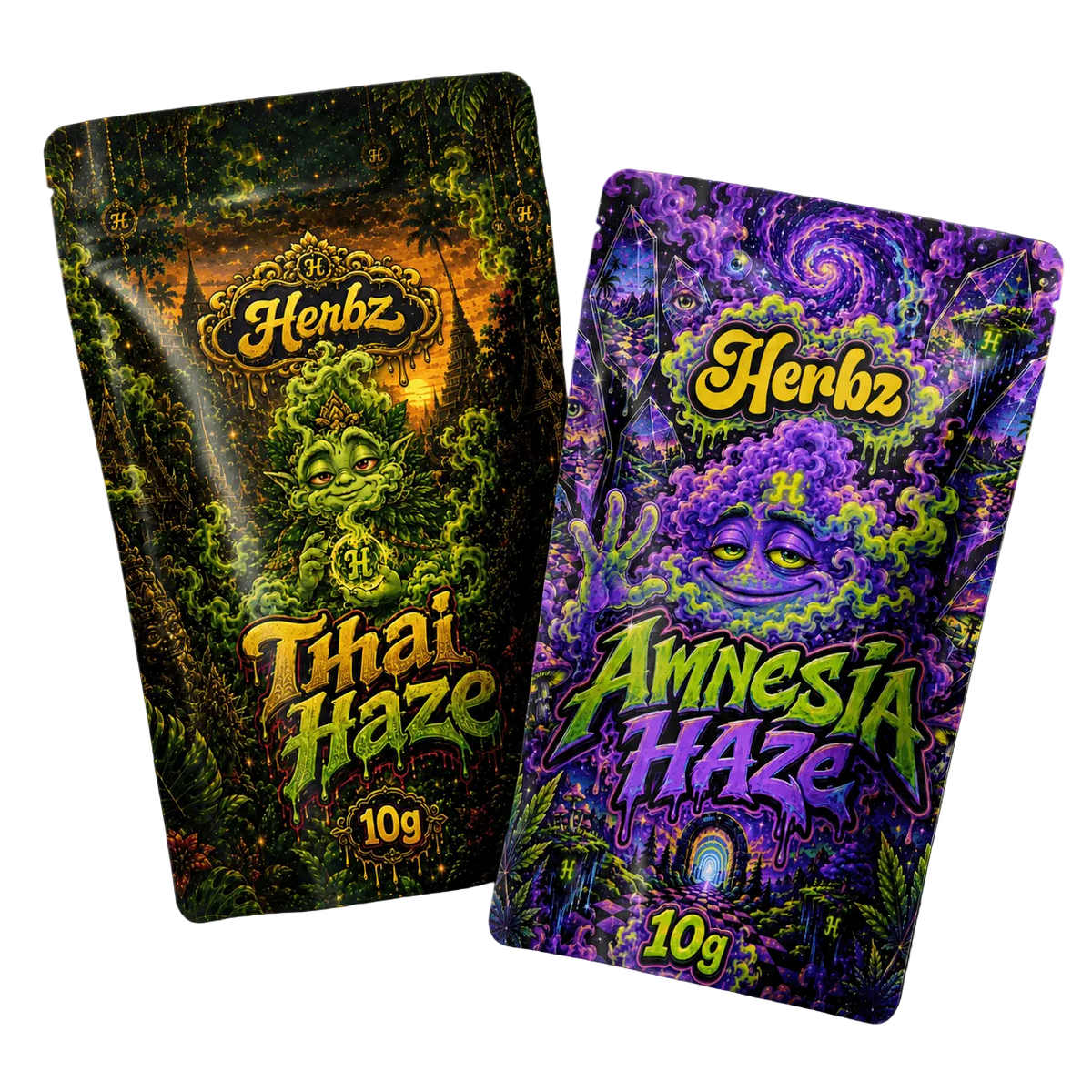 Pack Thai Haze et Amnesia Haze 20g THCA avec deux têtes haze sur fond noir
