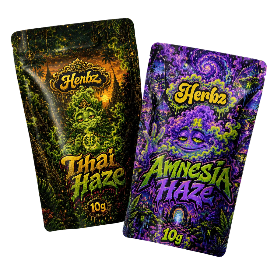 Pack Thai Haze et Amnesia Haze 20g THCA avec deux têtes haze sur fond noir