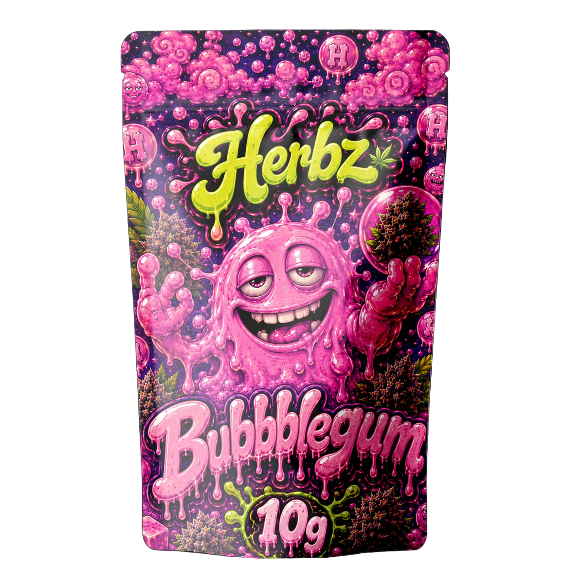 Bubblegum 25% THCA fleur indoor avec une épaisse couche de trichomes givrée sur fond noir