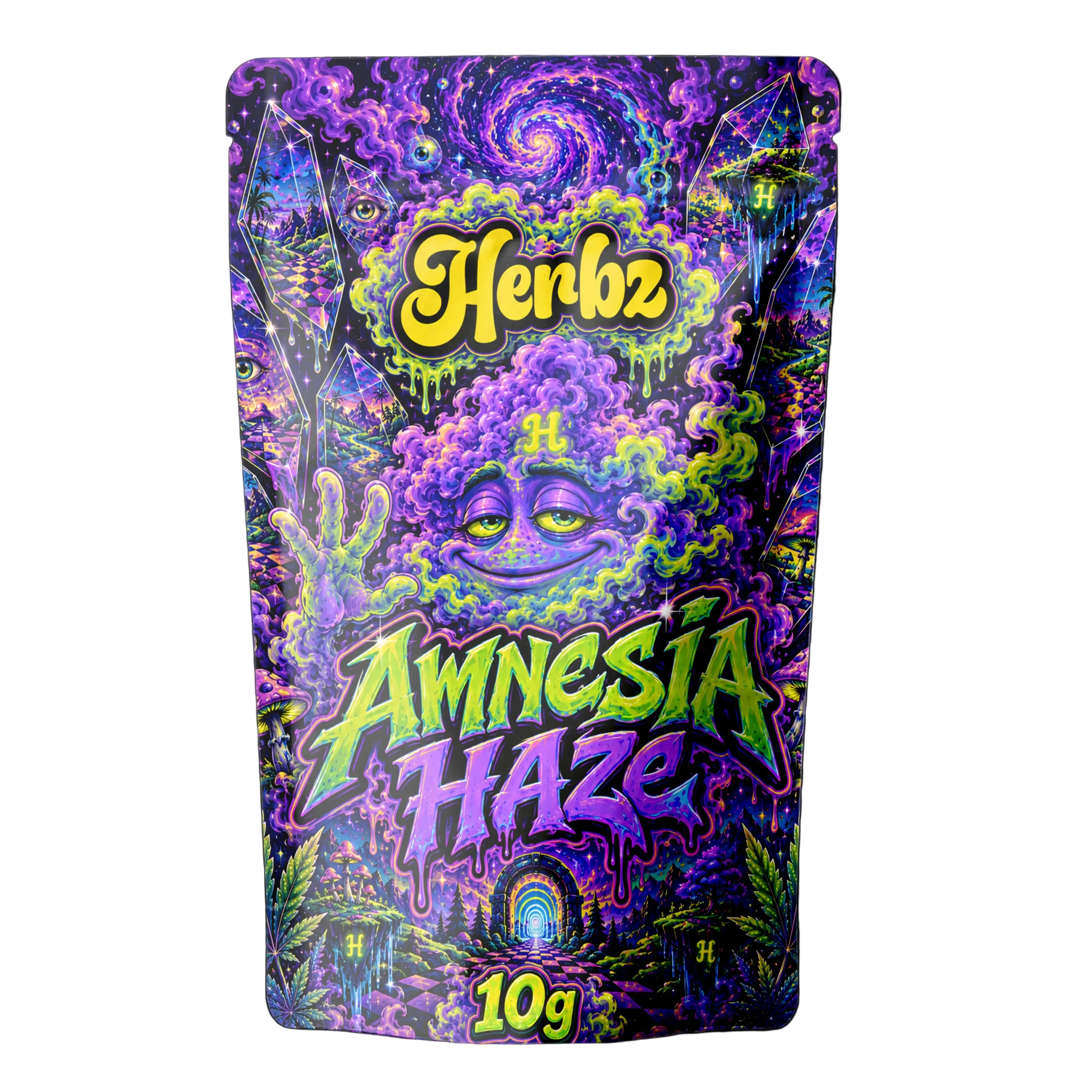 Amnesia Haze 23% THCA tête avec une couche de trichomes givrée claire sur fond noir