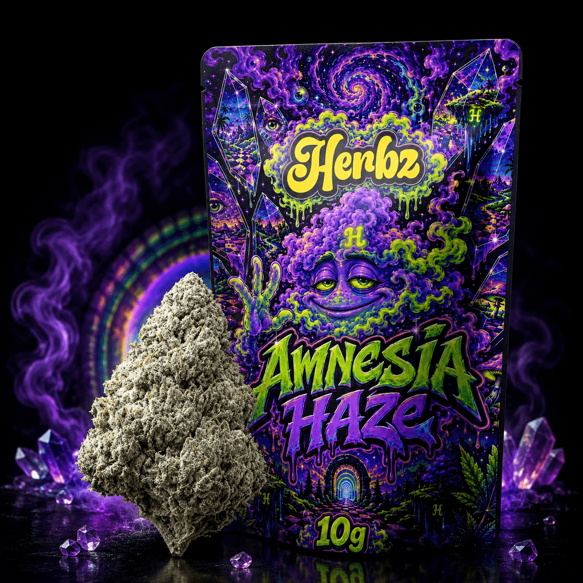Gros plan sur Amnesia Haze 23% THCA avec des nuances vertes et des pistils orange