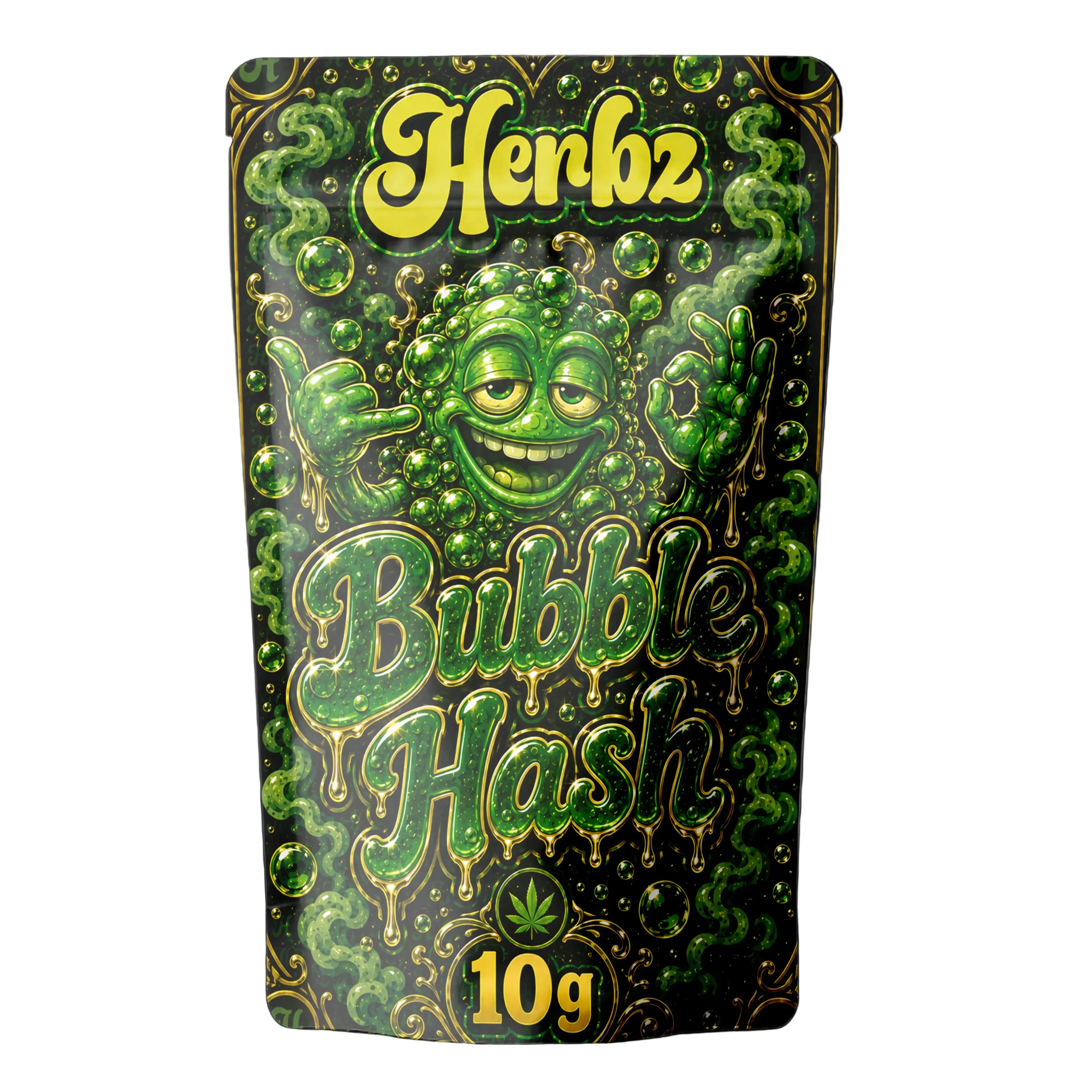 Bubble Hash 50% THCA, bloc de hash brun olive foncé sur fond noir