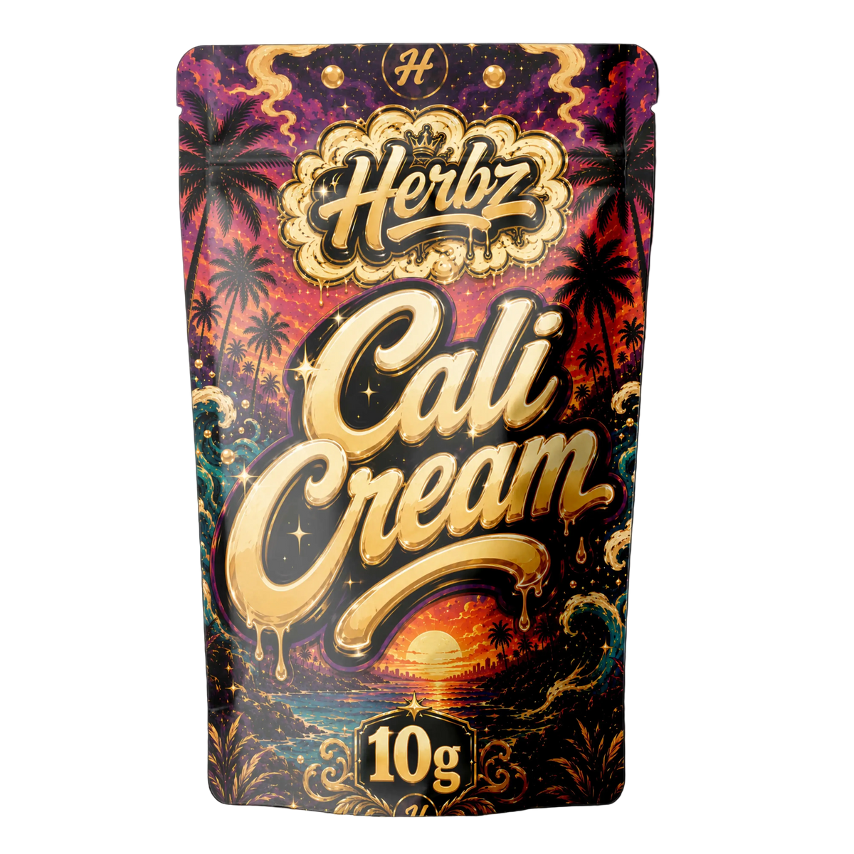 Cali Cream 50% THCA, hash static avec emballage Herbz sur fond noir
