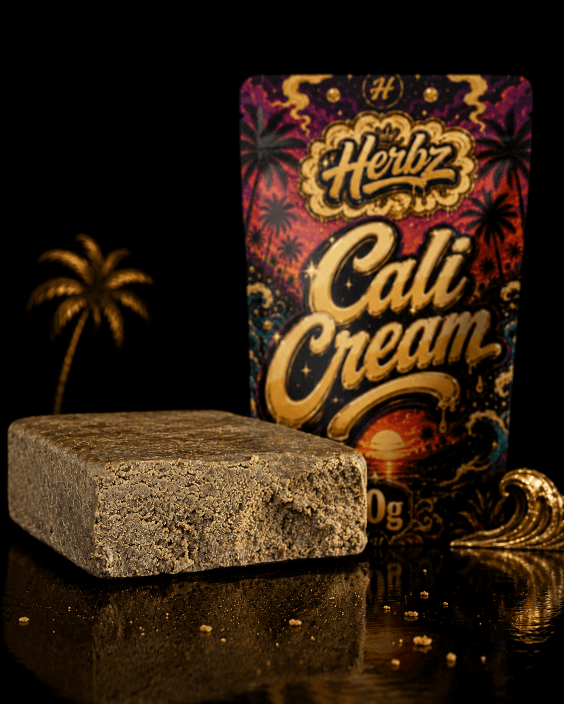Hash statique Cali Cream devant un emballage Herbz 10g coloré