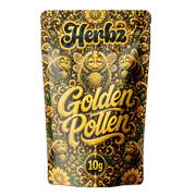 Golden Pollen 30% THCA, hash dry sift avec emballage Herbz sur fond noir
