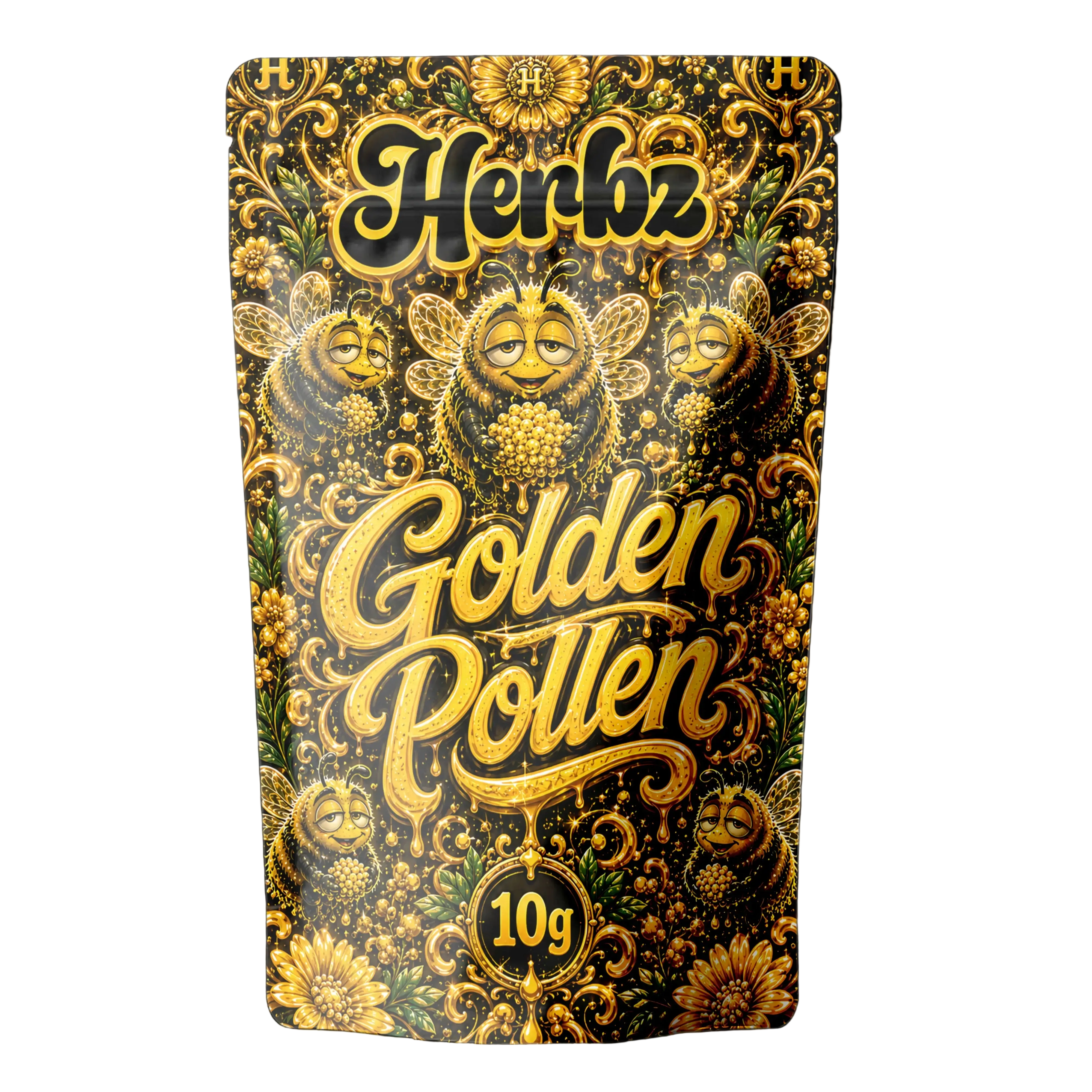 Golden Pollen 30% THCA, hash dry sift avec emballage Herbz sur fond noir