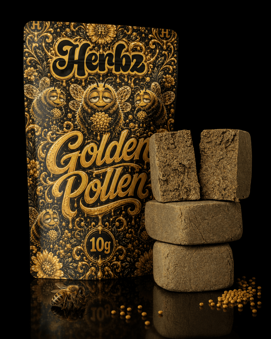 Hash Golden Pollen dry sift devant l'emballage Herbz 10 g noir et doré