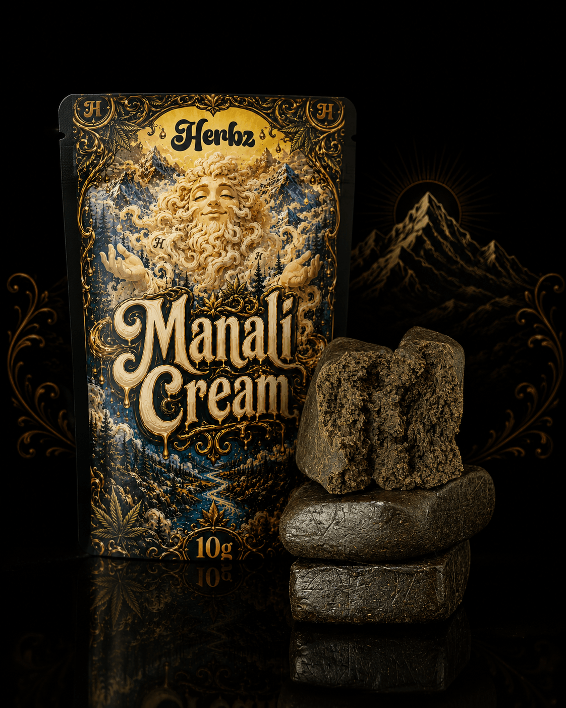 Gros plan de Manali Cream 40% THCA à la structure poreuse et foncée