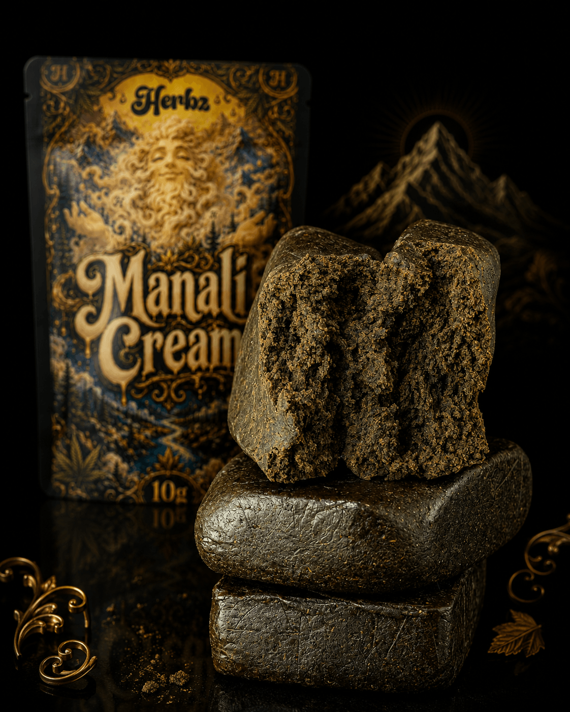 Hash Manali Cream static devant l'emballage Herbz sur fond noir