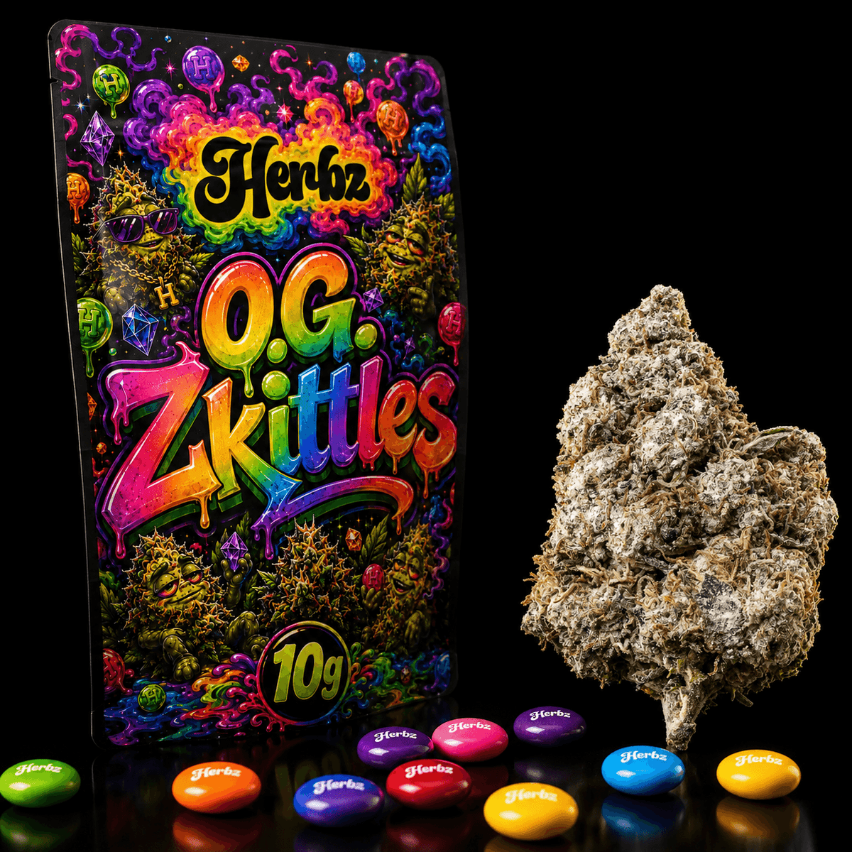Gros plan sur O.G. Zkittles 24% THCA avec des nuances vert clair et des pistils orange