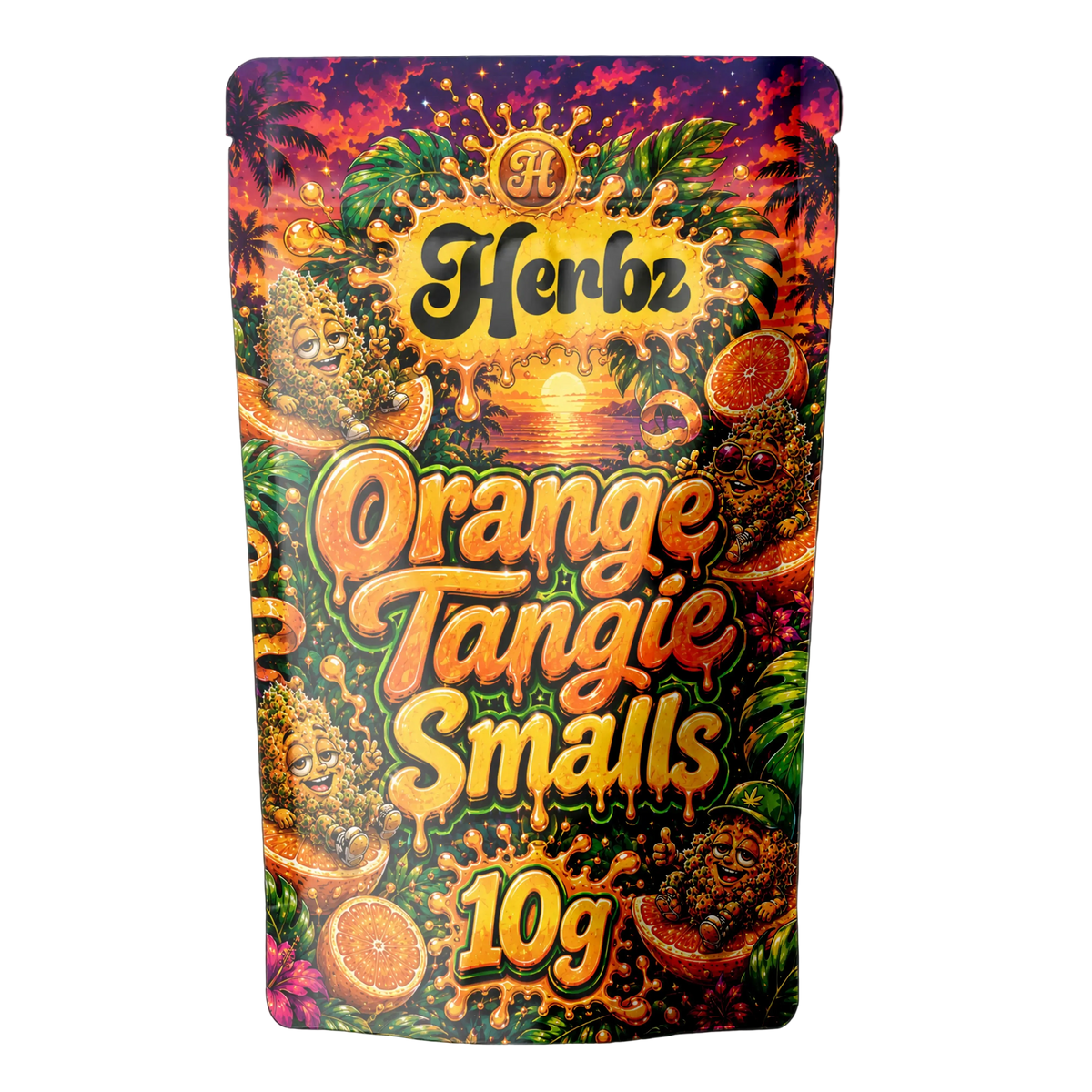 Orange Tangie Smalls 22% THCA popcorn buds avec couche de trichomes givrée sur fond noir
