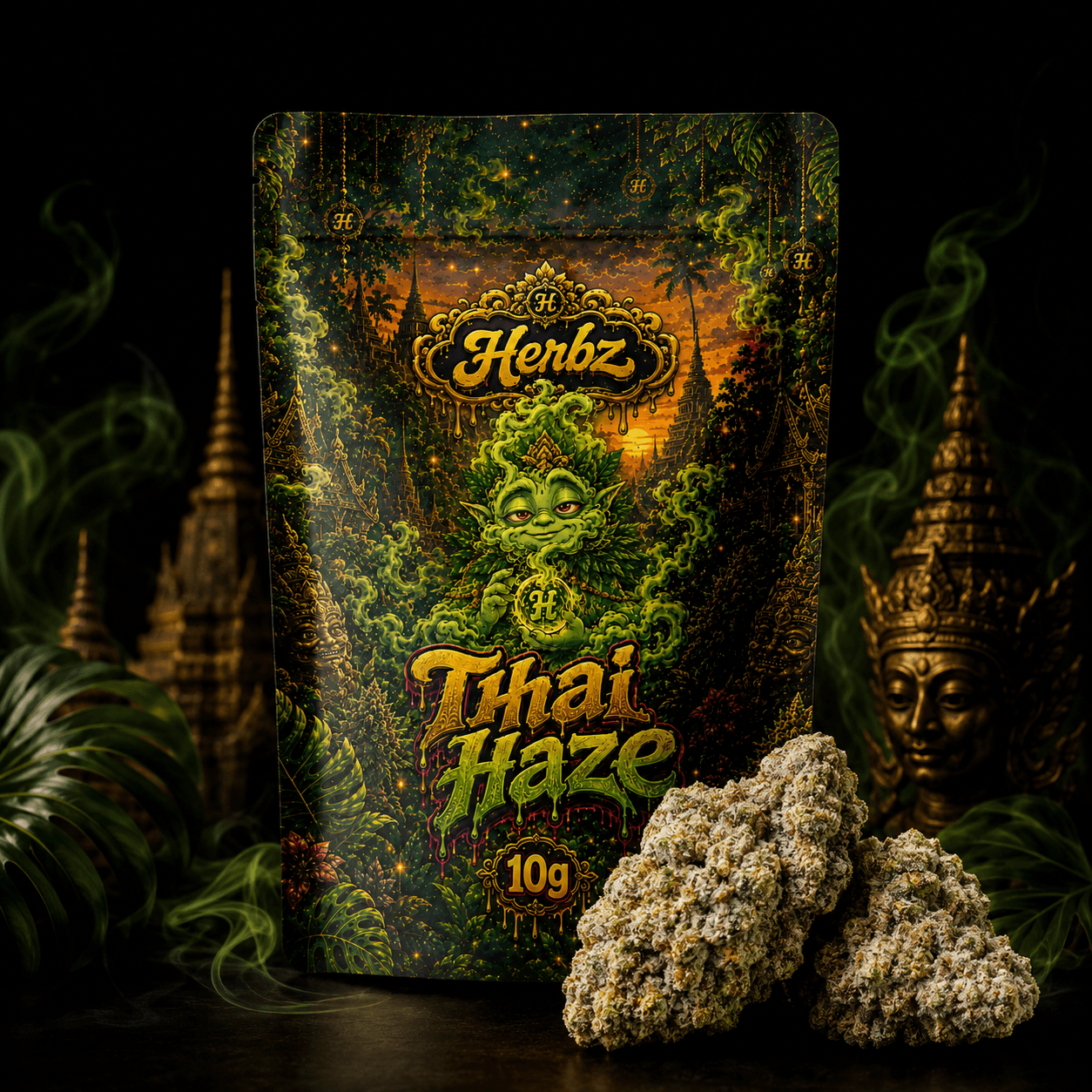 Gros plan sur Thai Haze 23% THCA avec des nuances vert clair et des pistils orange