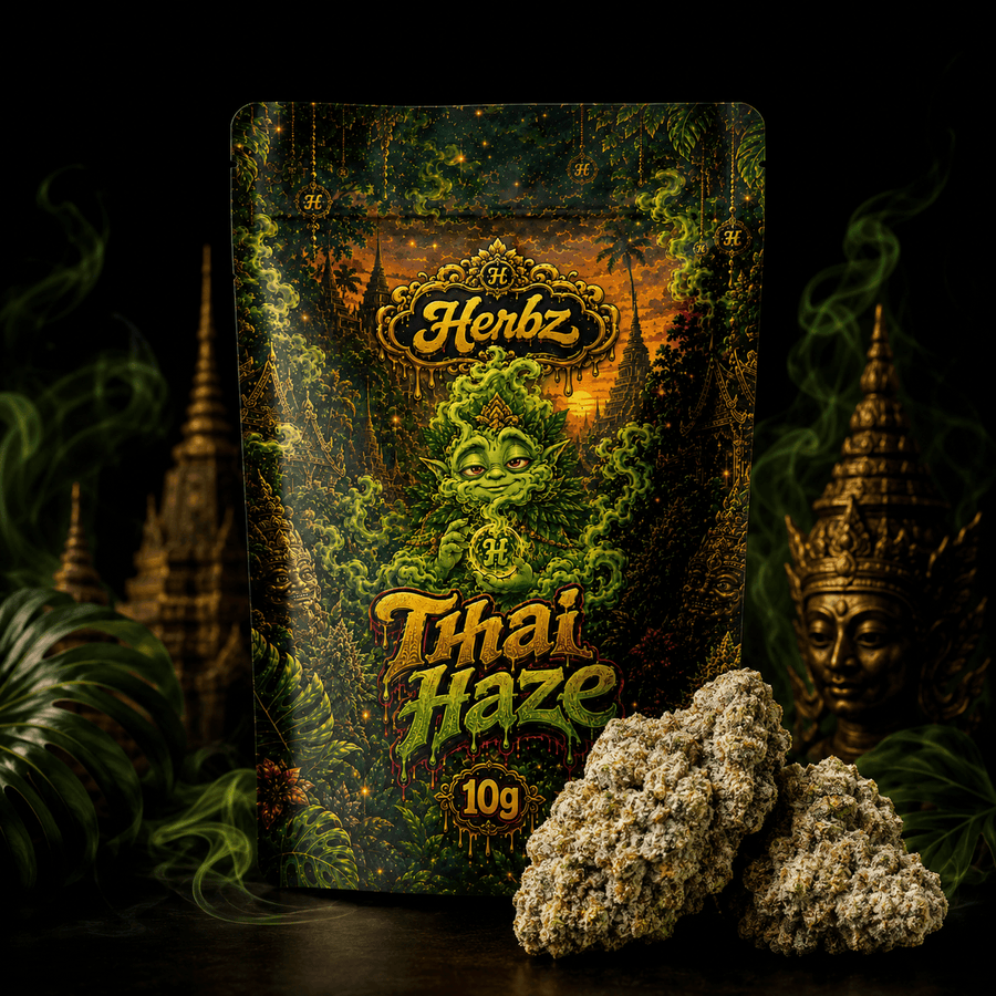 Gros plan sur Thai Haze 23% THCA avec des nuances vert clair et des pistils orange
